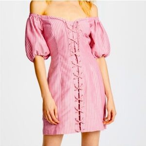 WAYF Pink/Red Striped Mini Dress with Lace-Up Detail